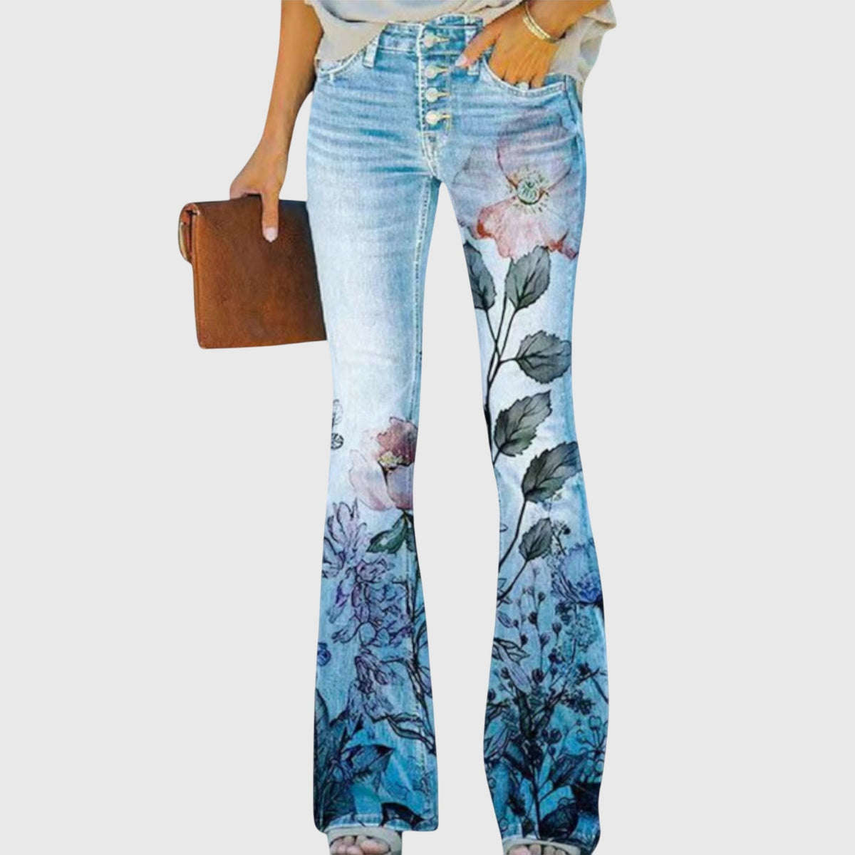 Thelma – Floral Wide-Leg Jeans | Button-Fly Detail