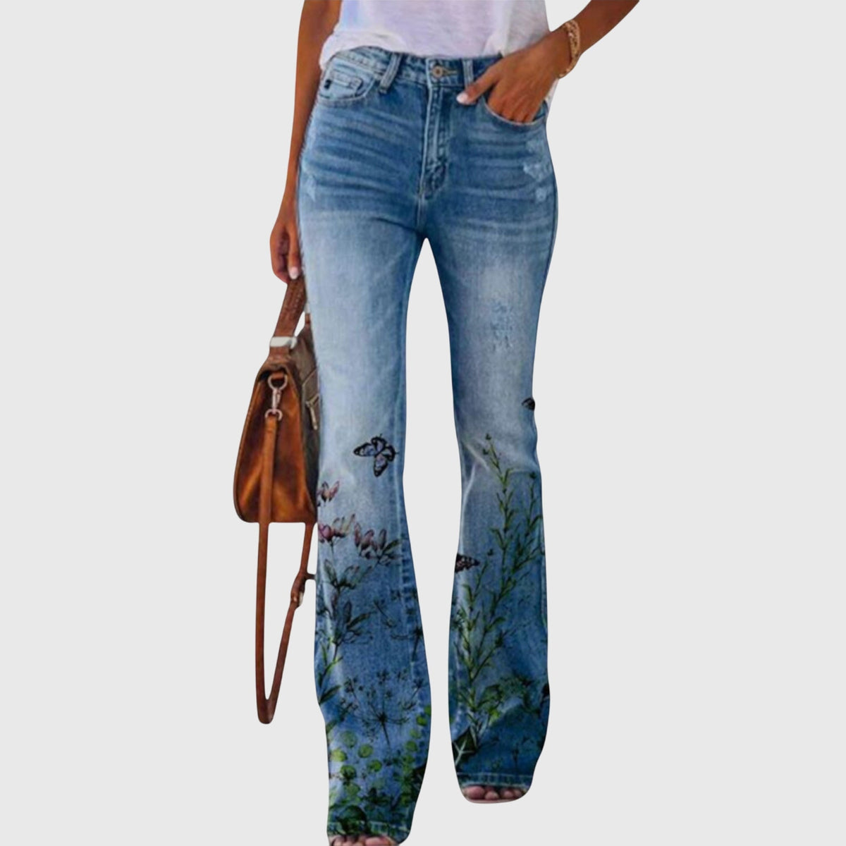 Thelma – Floral Wide-Leg Jeans | Button-Fly Detail