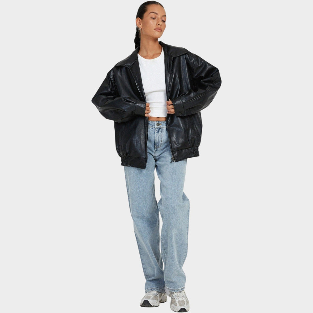 Raven – Oversized Leather Bomber Jacket | Relaxed Zip-Up Layer