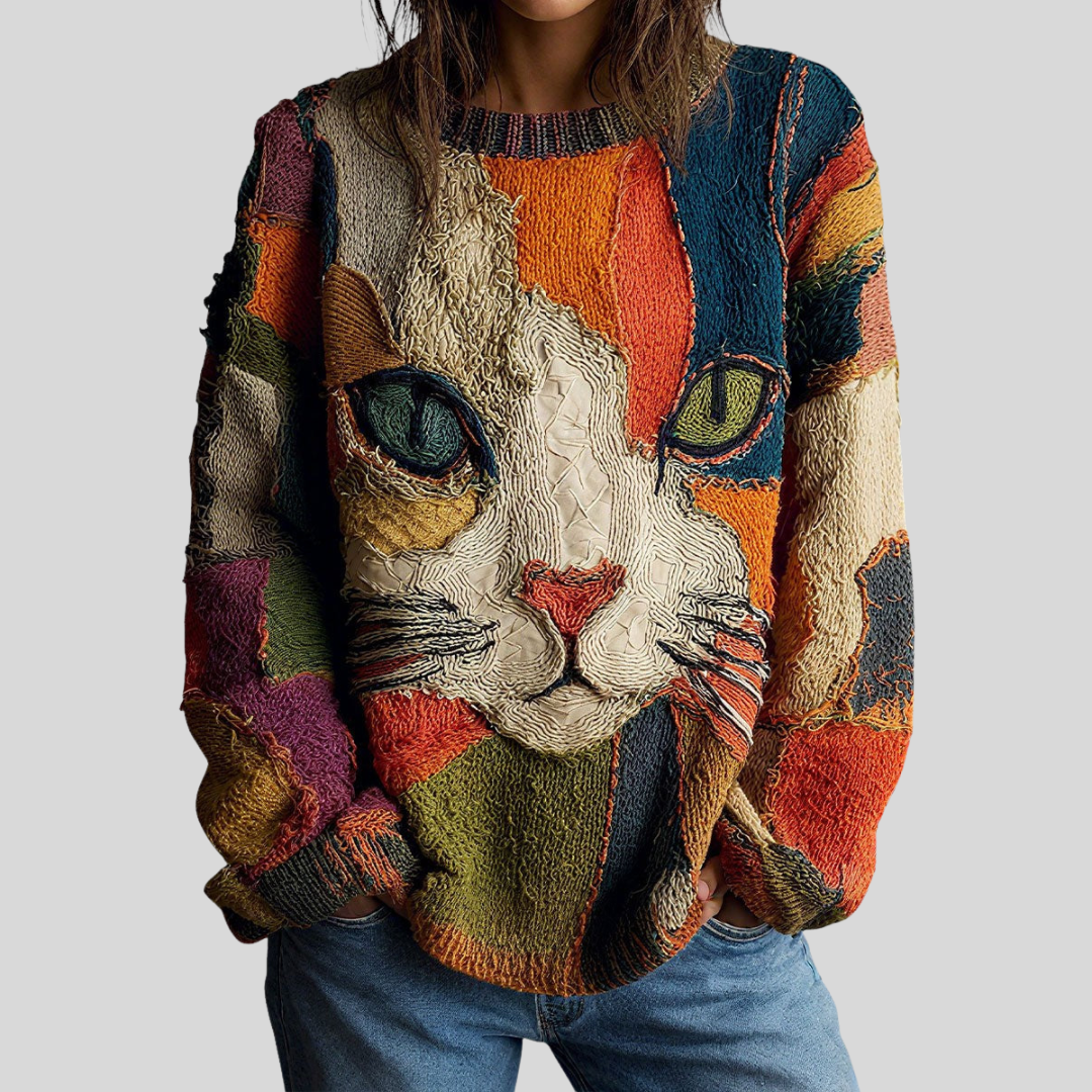 Selina – Vibrant Cat Print Sweater, Multicolor - Cole & May