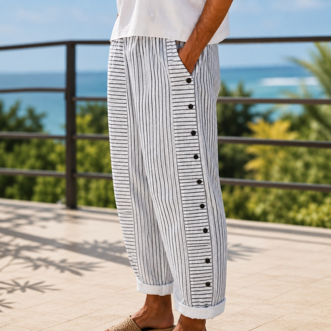 Vesper – Striped Comfortable Pants with Button Accents, Off White - Cole & May
