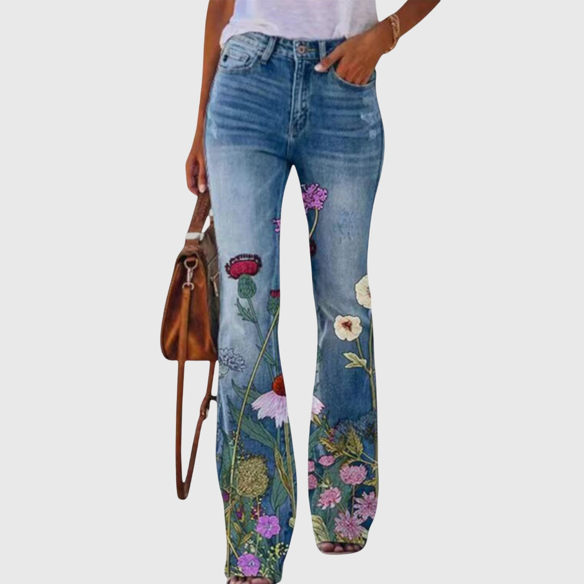 Thelma – Floral Wide-Leg Jeans | Button-Fly Detail