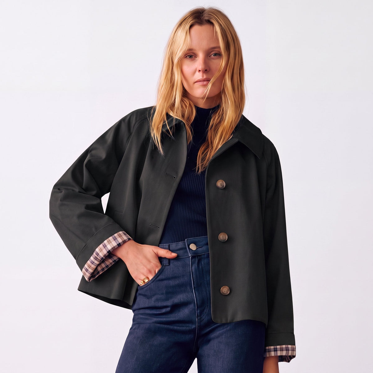 Women's Cropped Trench Coat | Notch Lapel with Button-Front Detail