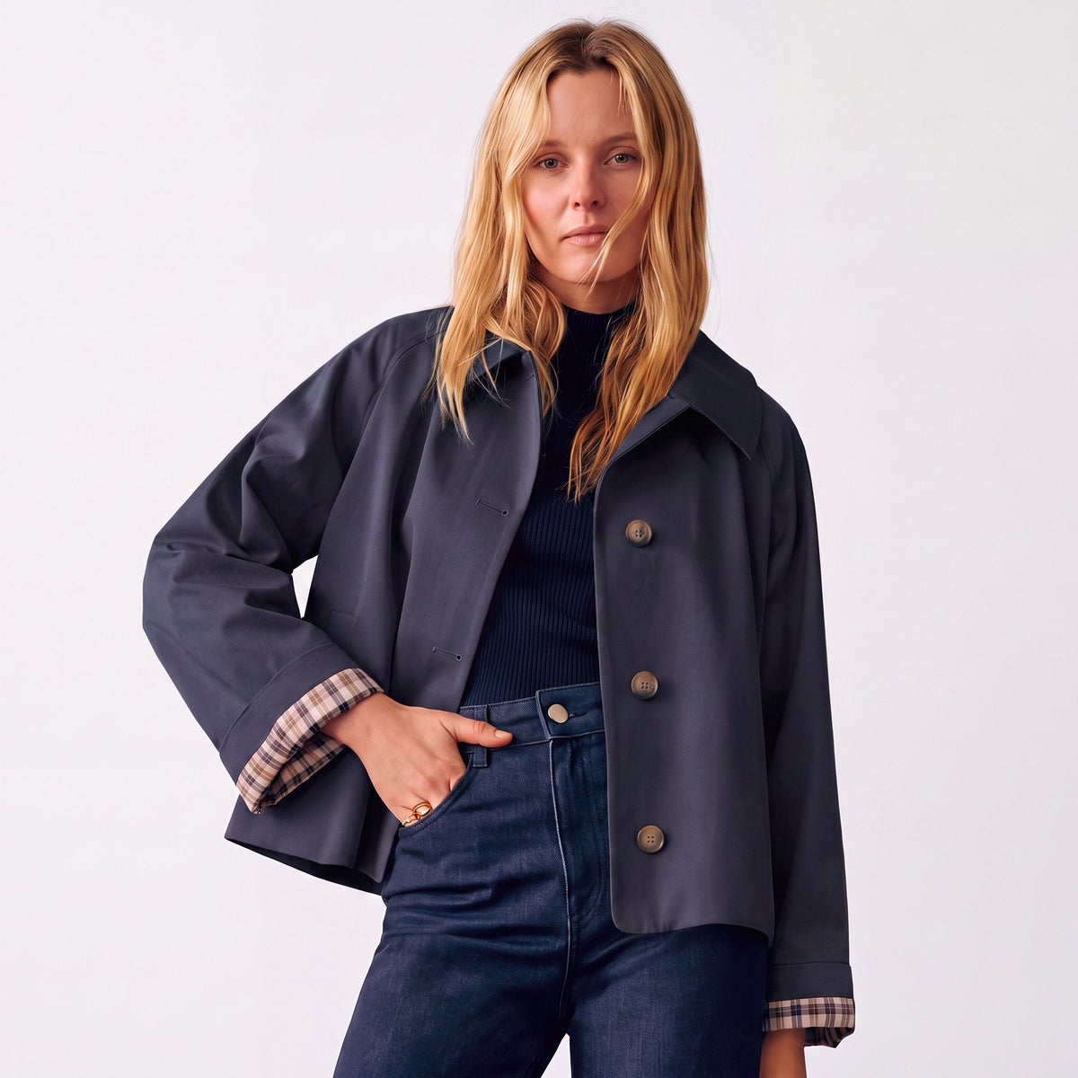 Women's Cropped Trench Coat | Notch Lapel with Button-Front Detail
