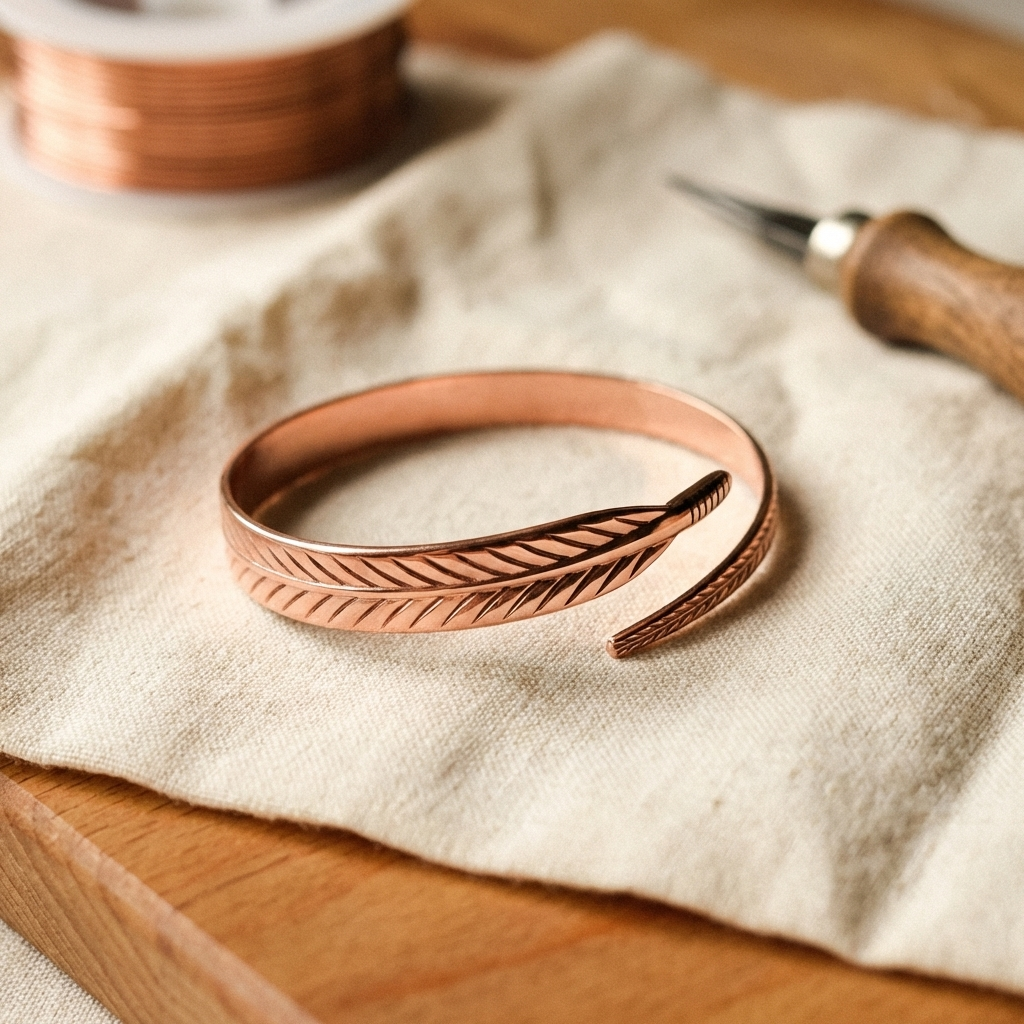 Feather Engraved Copper Cuff Bracelet Bracelet Neriona