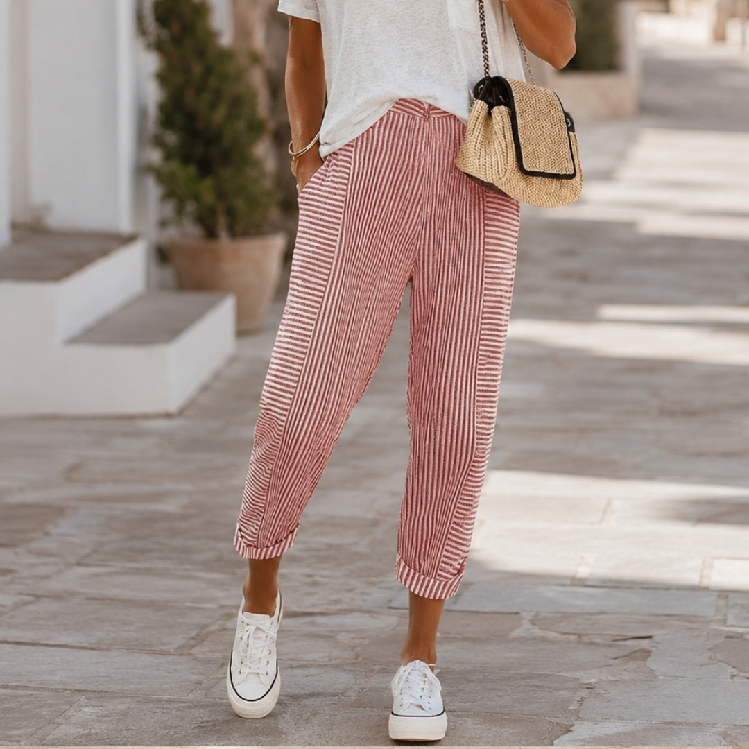 Elastic waist striped pants, red and white, cropped wide-leg style with cuffed hems