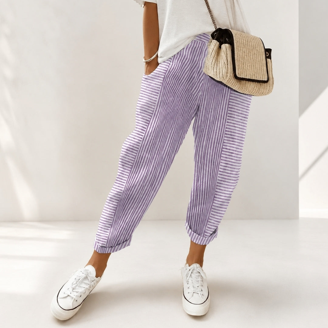 Elastic waist striped pants, lavender and white, cropped wide-leg fit with ankle cuffs