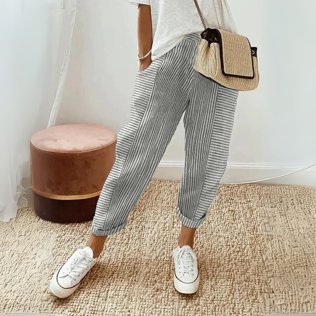 Elastic waist striped pants, gray and white, cropped wide-leg style with gathered hem cuffs