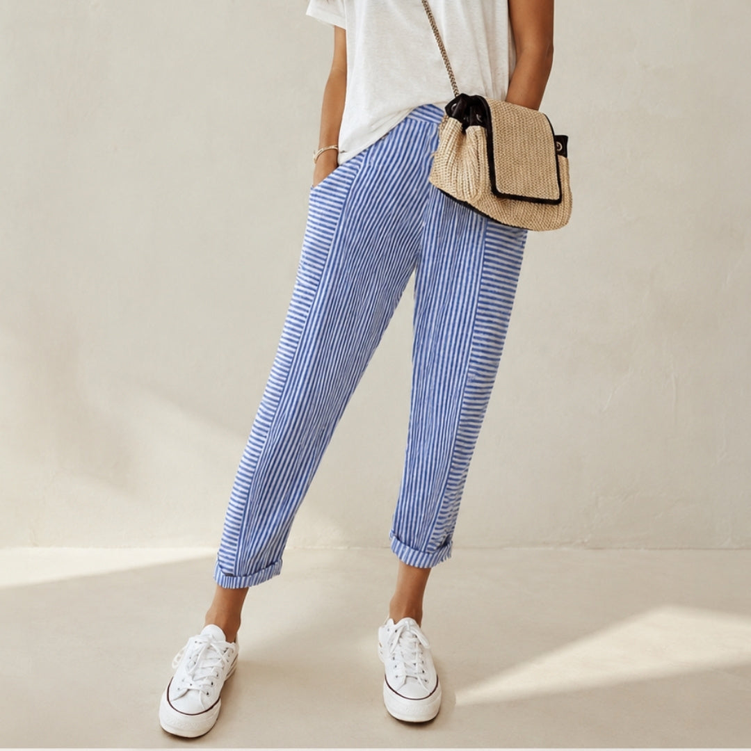 Elastic waist striped pants, blue and white, cropped wide-leg trousers with elasticized waist