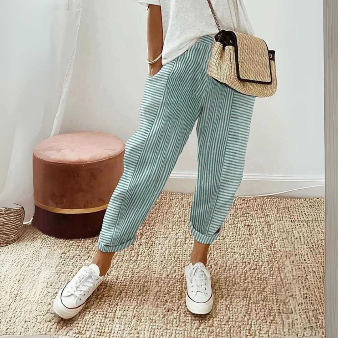 Elastic waist striped pants, green and white, cropped wide-leg style with ankle-length cuffs
