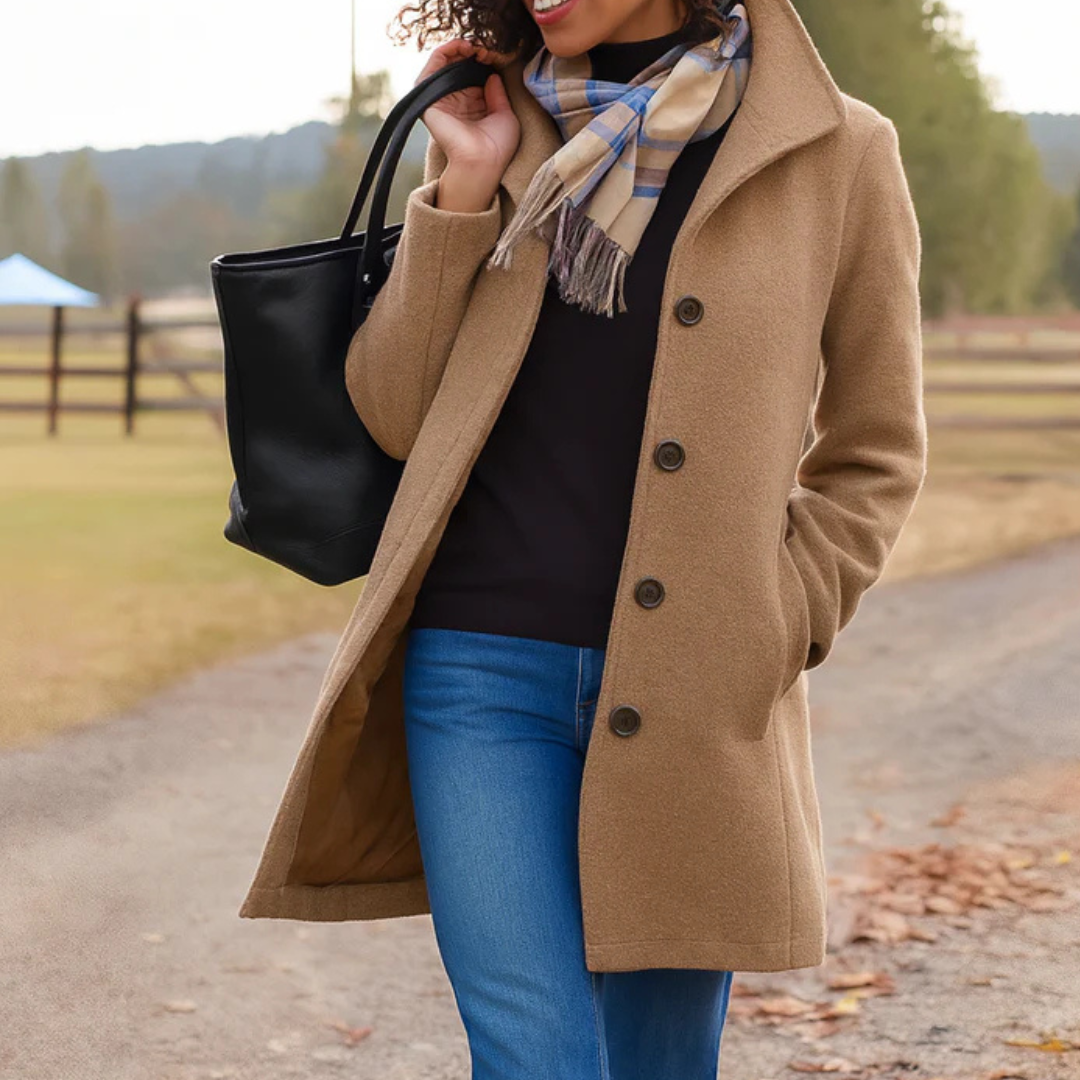 Women’s long winter coat in khaki with button-front closure and lapels