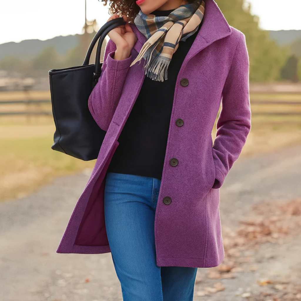 Women’s long winter coat in purple with button-front closure and lapels