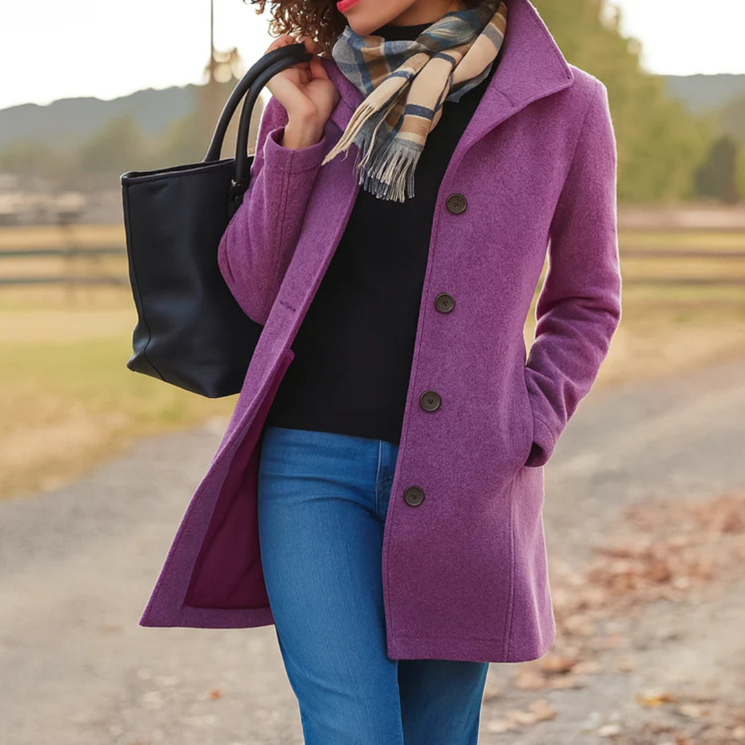 Women’s long winter coat in purple with button-front closure and lapels