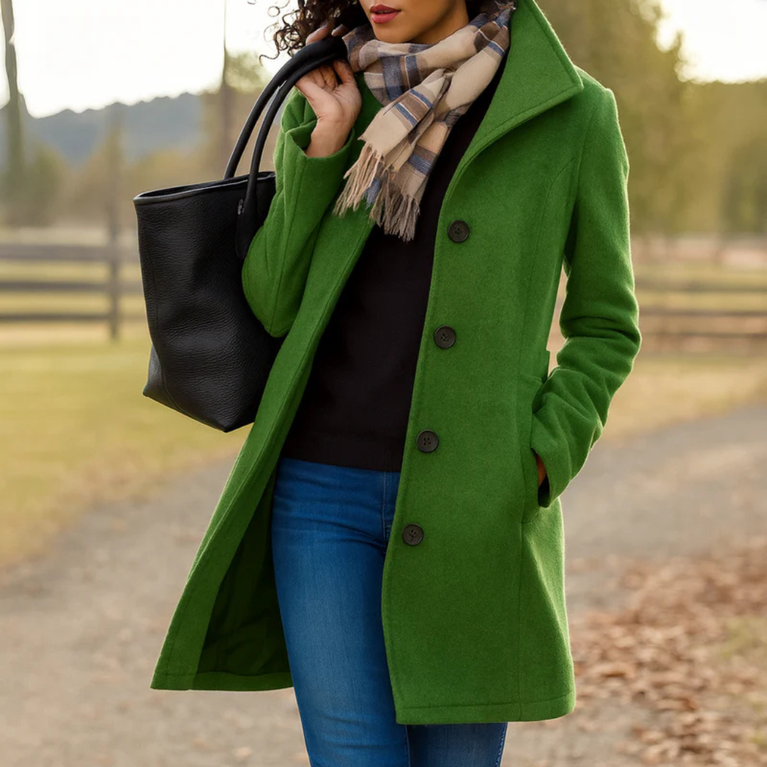 Women’s long winter coat in green with button-front closure and lapels