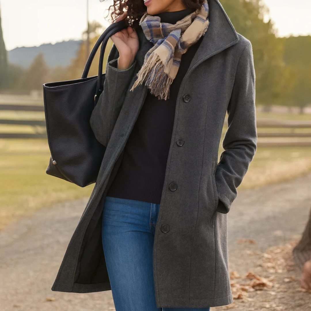 Women’s long winter coat in dark gray with button-front closure and lapels