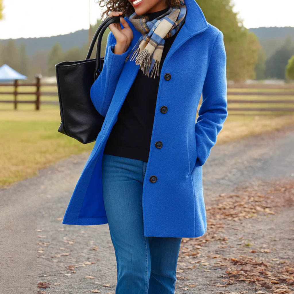 Women’s long winter coat in blue with button-front closure and lapels