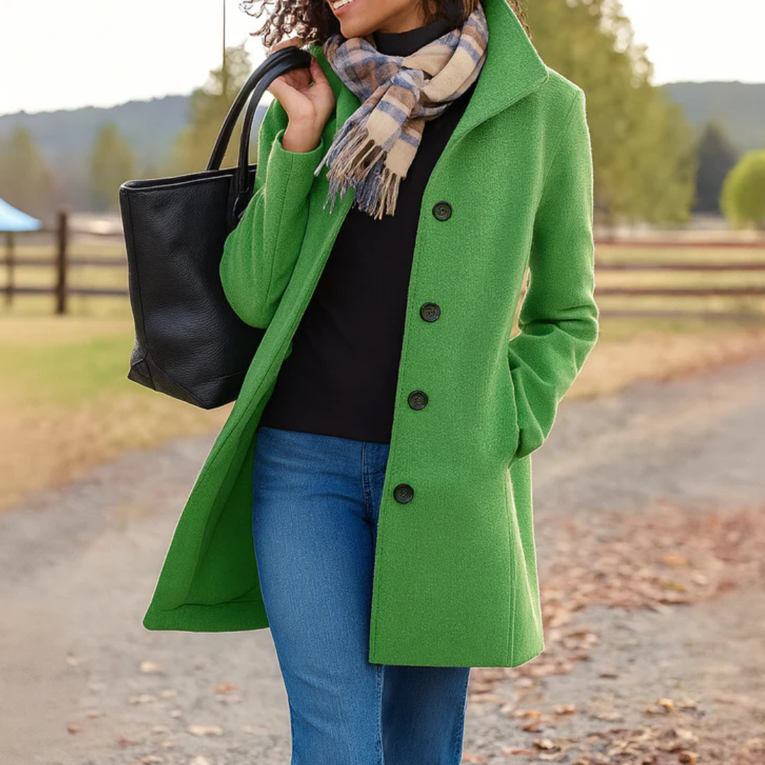 Women’s long winter coat in green with button-front closure and lapels