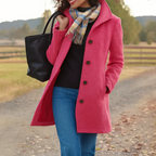 Women’s long winter coat in pink with button-front closure and lapels