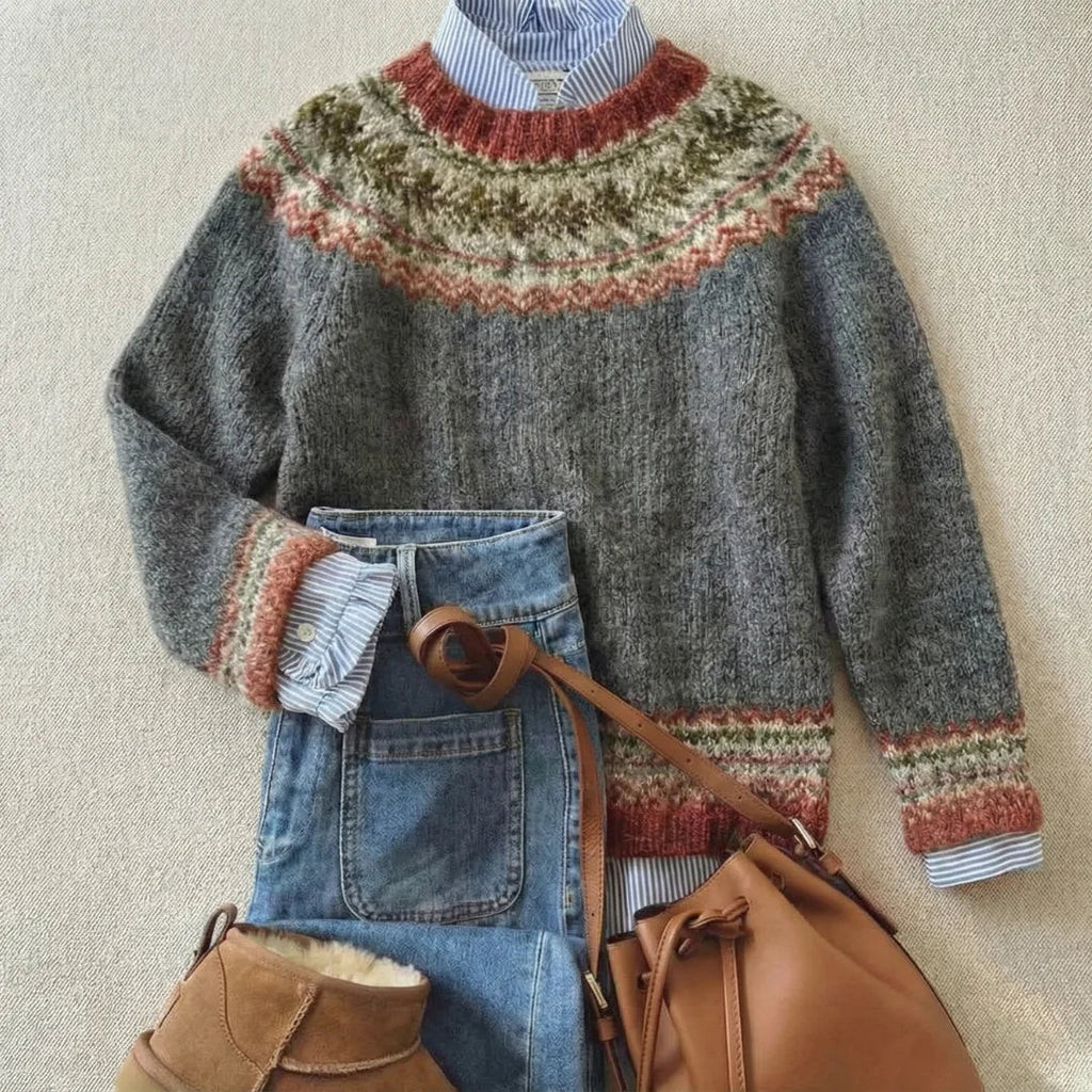 Women's Nordic Fair Isle Sweater | Crew Neck Yoke Pullover