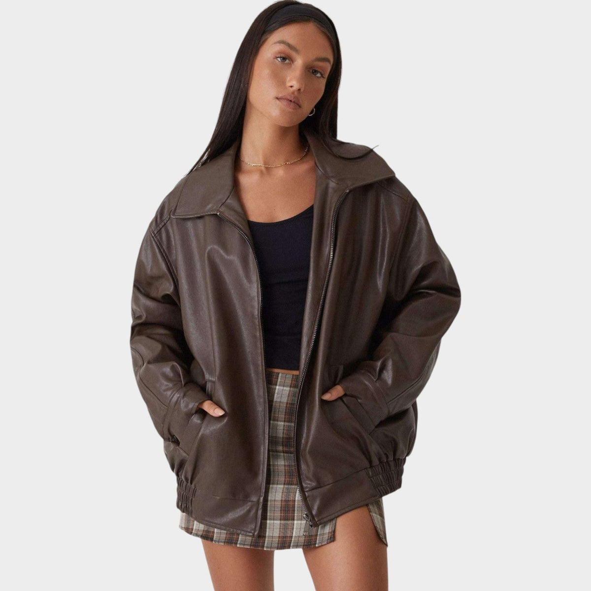 Raven – Oversized Leather Bomber Jacket | Relaxed Zip-Up Layer